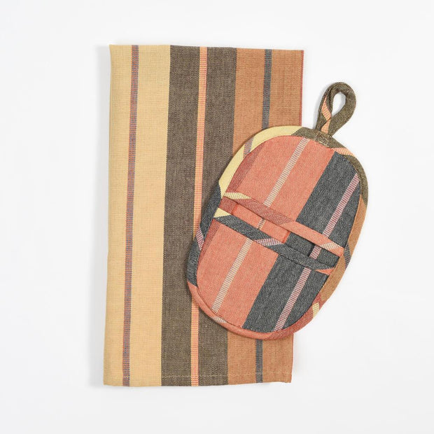 Dish Towel & Pot Holder Gift Set | Wide Caramel Stripes