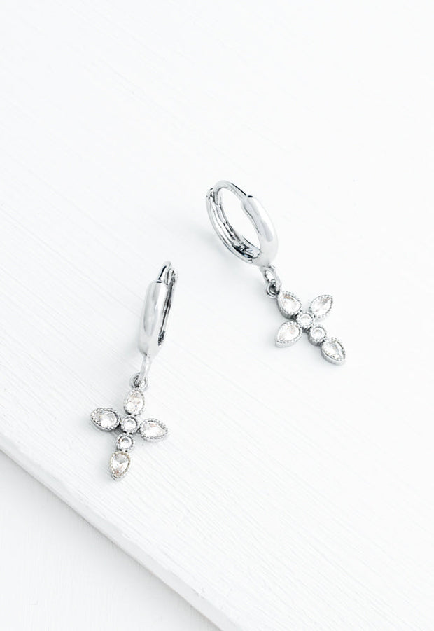 Shimmering Cross Huggie Earrings in Platinum