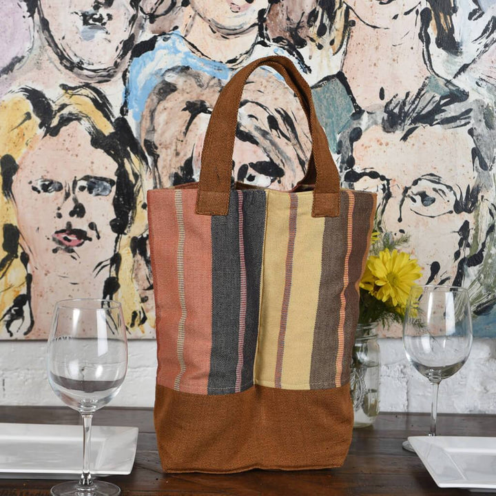 Wine Bottle Tote | Double in Wide Caramel Stripe