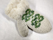 Sheepskin Cuffs Double Knit Mittens, Green Knots Medium