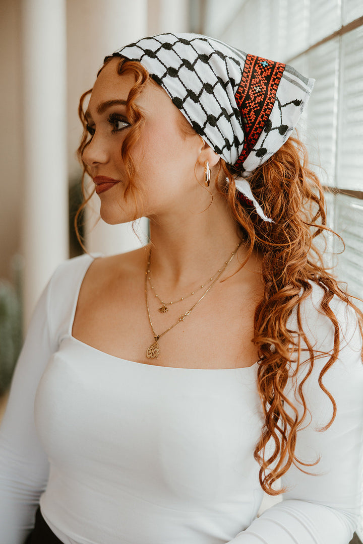 Jourie Embroidered BANDANA Kuffiyeh - Black and White