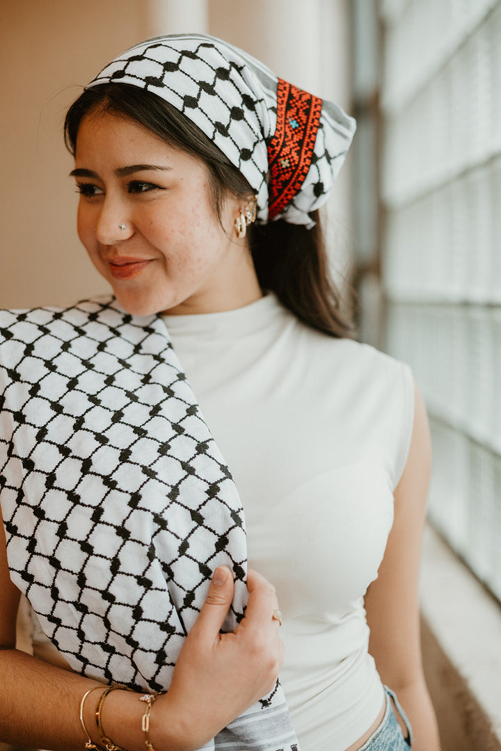 Jourie Embroidered BANDANA Kuffiyeh - Black and White