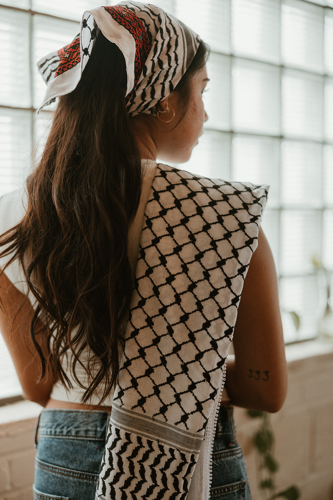 Jourie Embroidered BANDANA Kuffiyeh - Black and White