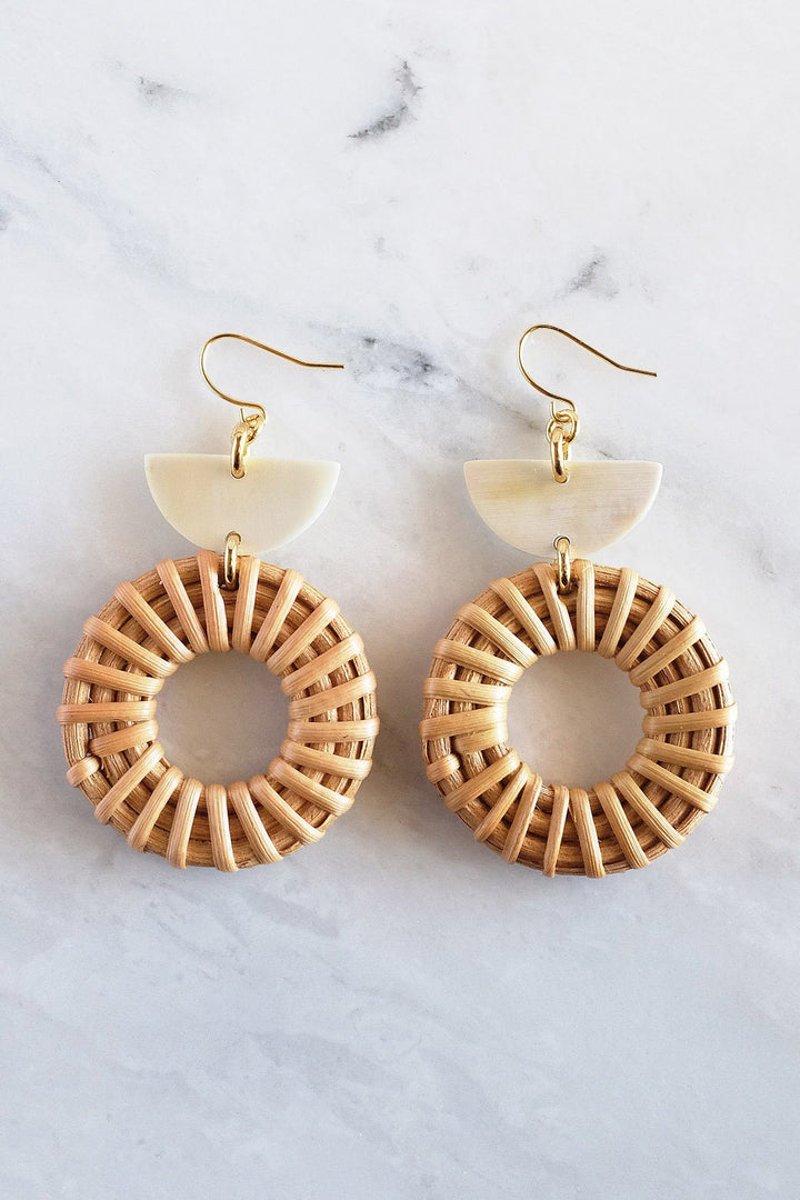 Ninh Binh 16K Gold Plated Brass Honey Horn & Rattan (Straw/Wicker) Crescent & Donut Earrings