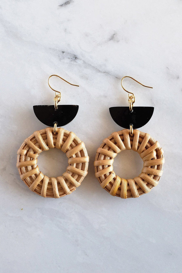 Ninh Binh 16K Gold Plated Brass Honey Horn & Rattan (Straw/Wicker) Crescent & Donut Earrings