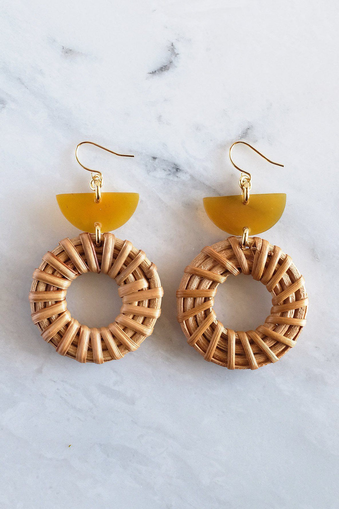 Ninh Binh 16K Gold Plated Brass Honey Horn & Rattan (Straw/Wicker) Crescent & Donut Earrings