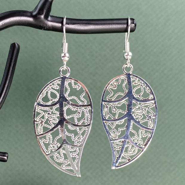 Silver Lattice Leaf Earrings