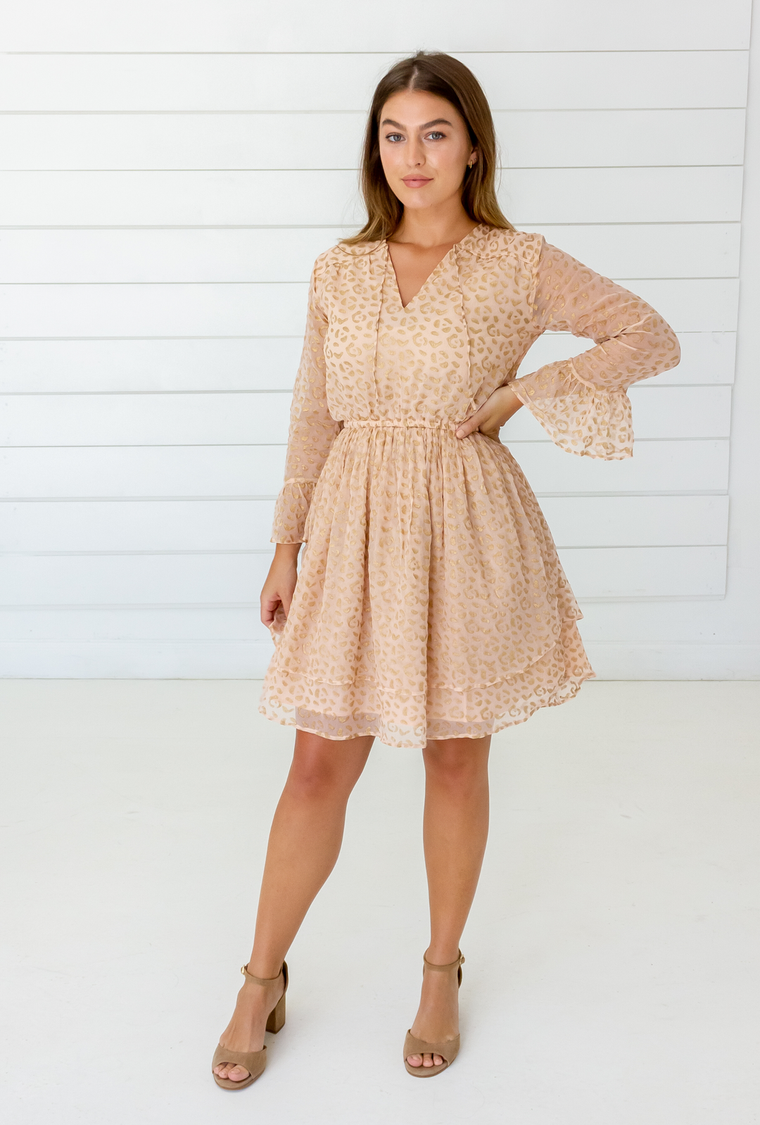 Leopard Chiffon Dress in Blush + Gold