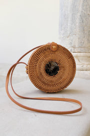 Tan Tien Buffalo Horn Centerpiece Circle Wicker Rattan Bag