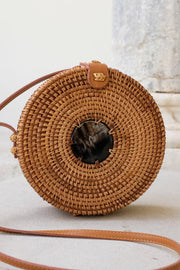 Tan Tien Buffalo Horn Centerpiece Circle Wicker Rattan Bag