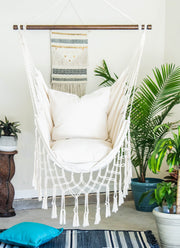 White Macrame Hammock Chair Swing + 2 Pillows Set