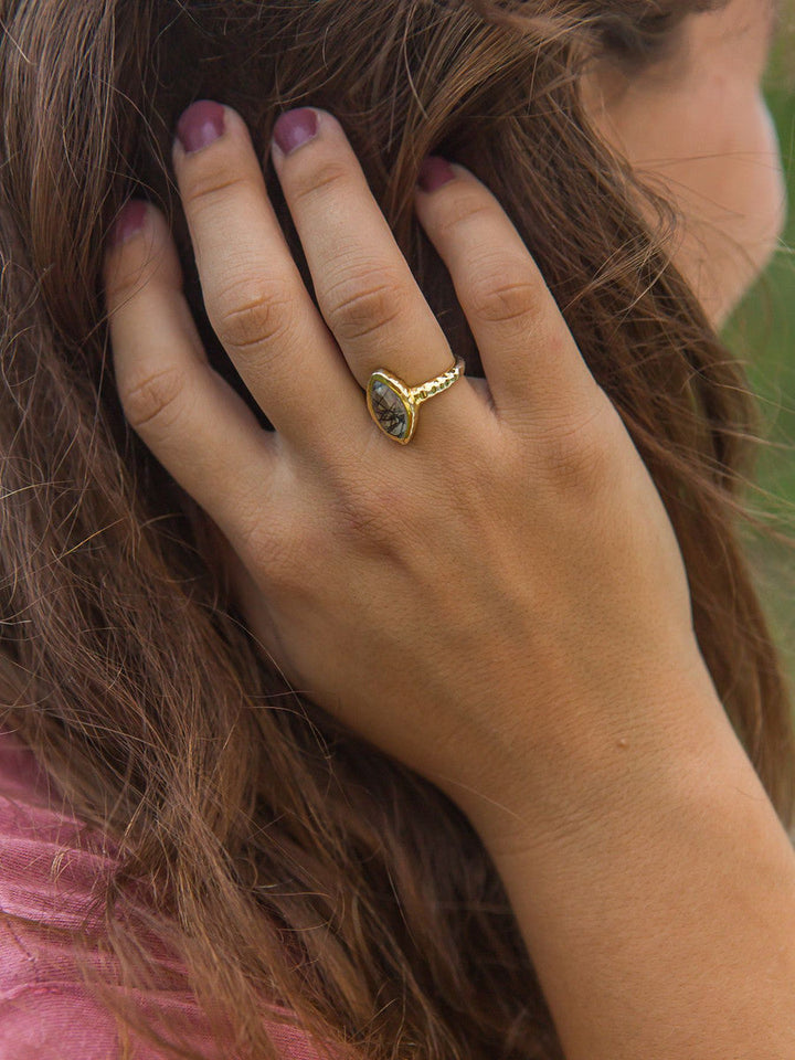 Almond Black Rutile Ring - Brass