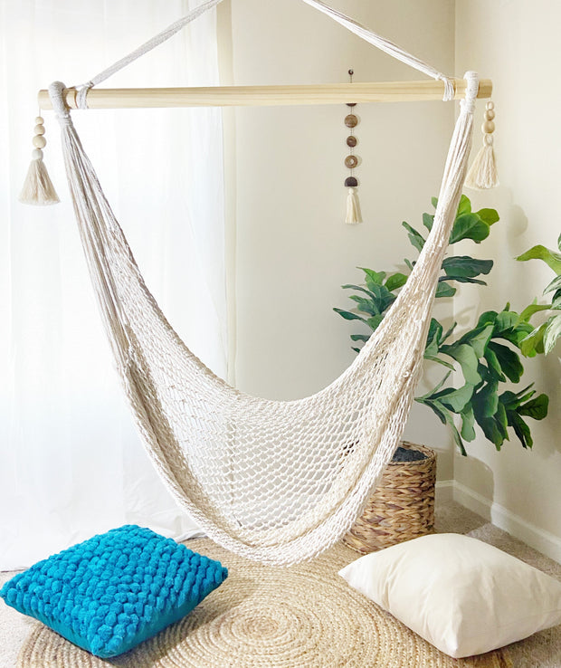 White Woven Macrame Hammock Chair with Tassels + Pillow DIANA