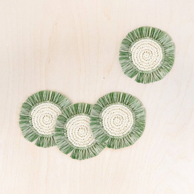 Sage Raffia Round Crochet Coasters with Fringe, set of 4 | LIKHA