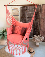 Coral Pink Macrame Hammock Chair + 2 Pillows Set