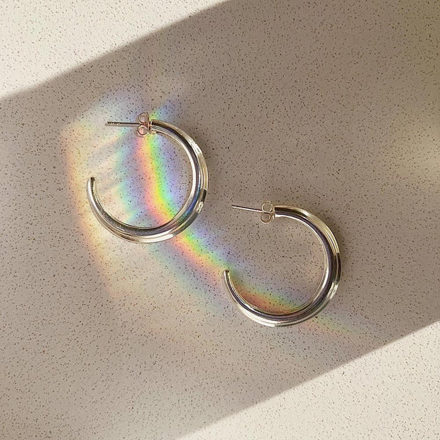 Crescent Hoop Earrings in Silver, Large