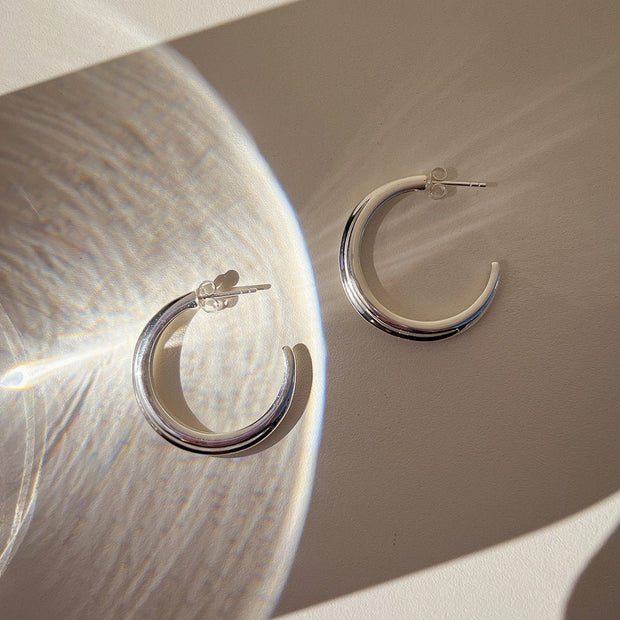 Crescent Hoop Earrings in Silver, Medium