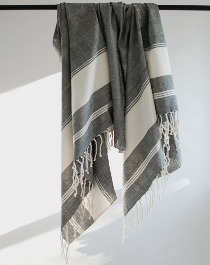 Oversized Woven Towel in Black and Cream Stripes