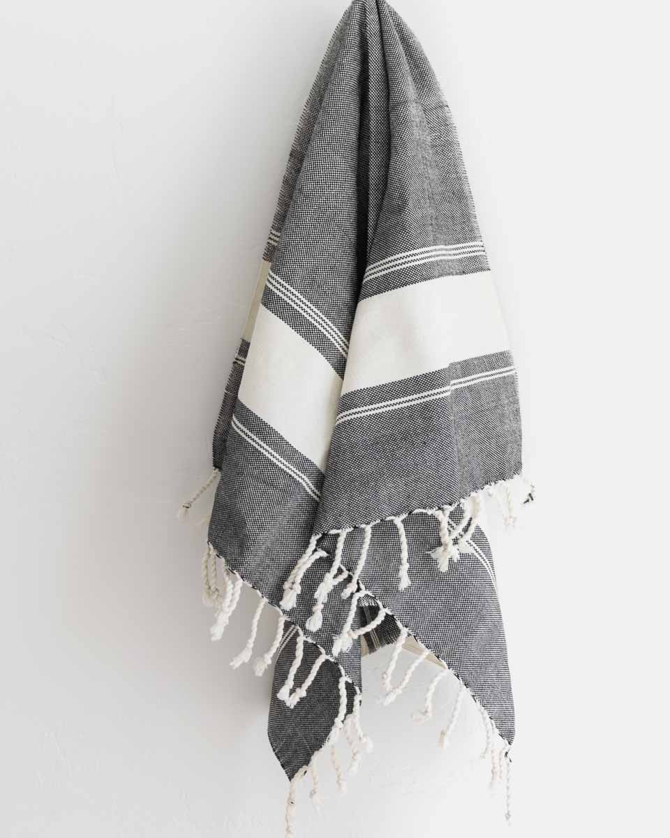 Oversized Woven Hand Towel in Black and Cream Stripes