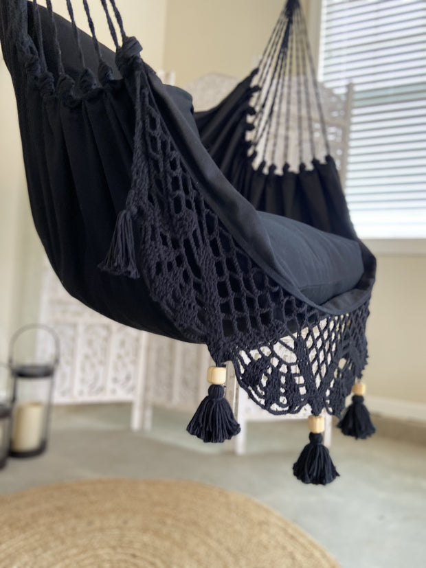 Black Macrame Crochet Hammock Chair + 2 Pillow Set | LUCIA