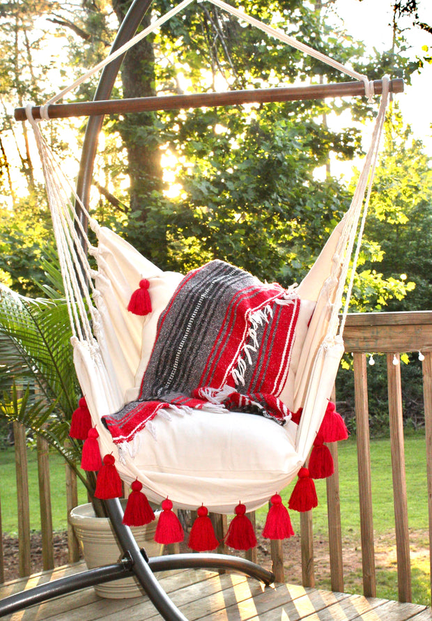 Red Macrame Hammock Chair with Tassels+ 2 Tassel Pillows Set