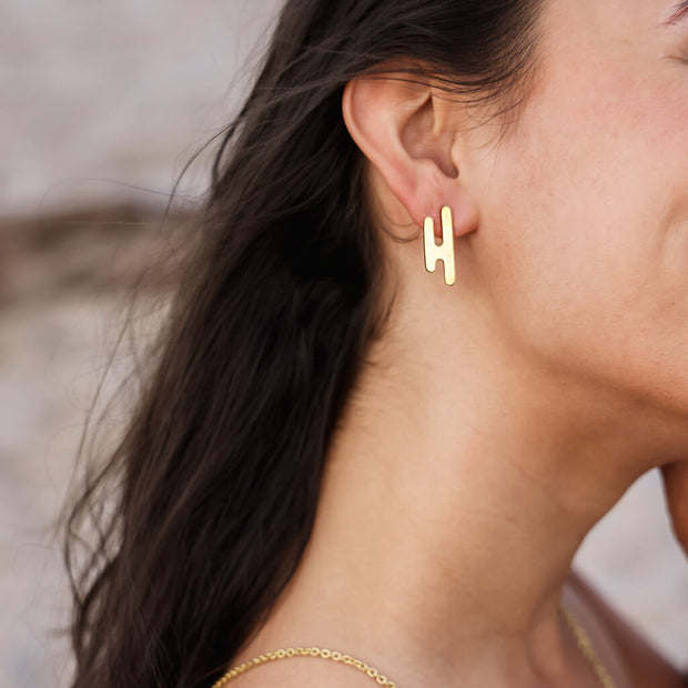 Striate Reflected-H Earrings - Brass