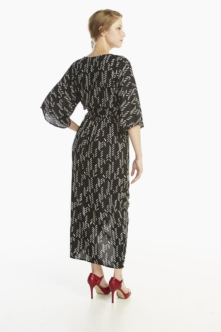 Stylized Feather Wrap Dress in Black + Cream