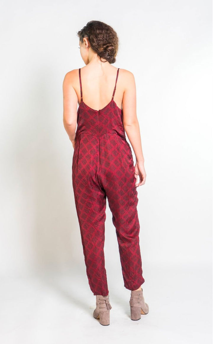 Silky Strappy Jumpsuit in Berry & Black Sketched Plaid