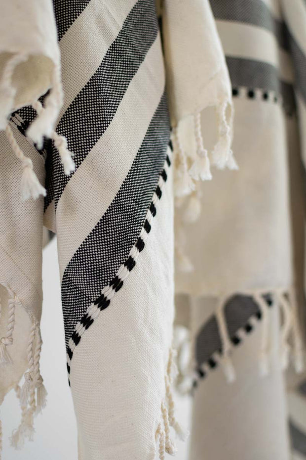 Oversized Woven Towel in Black and Cream Wide Stripes