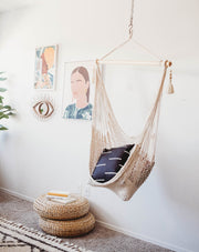 White Woven Macrame Hammock Chair with Tassels + Pillow DIANA